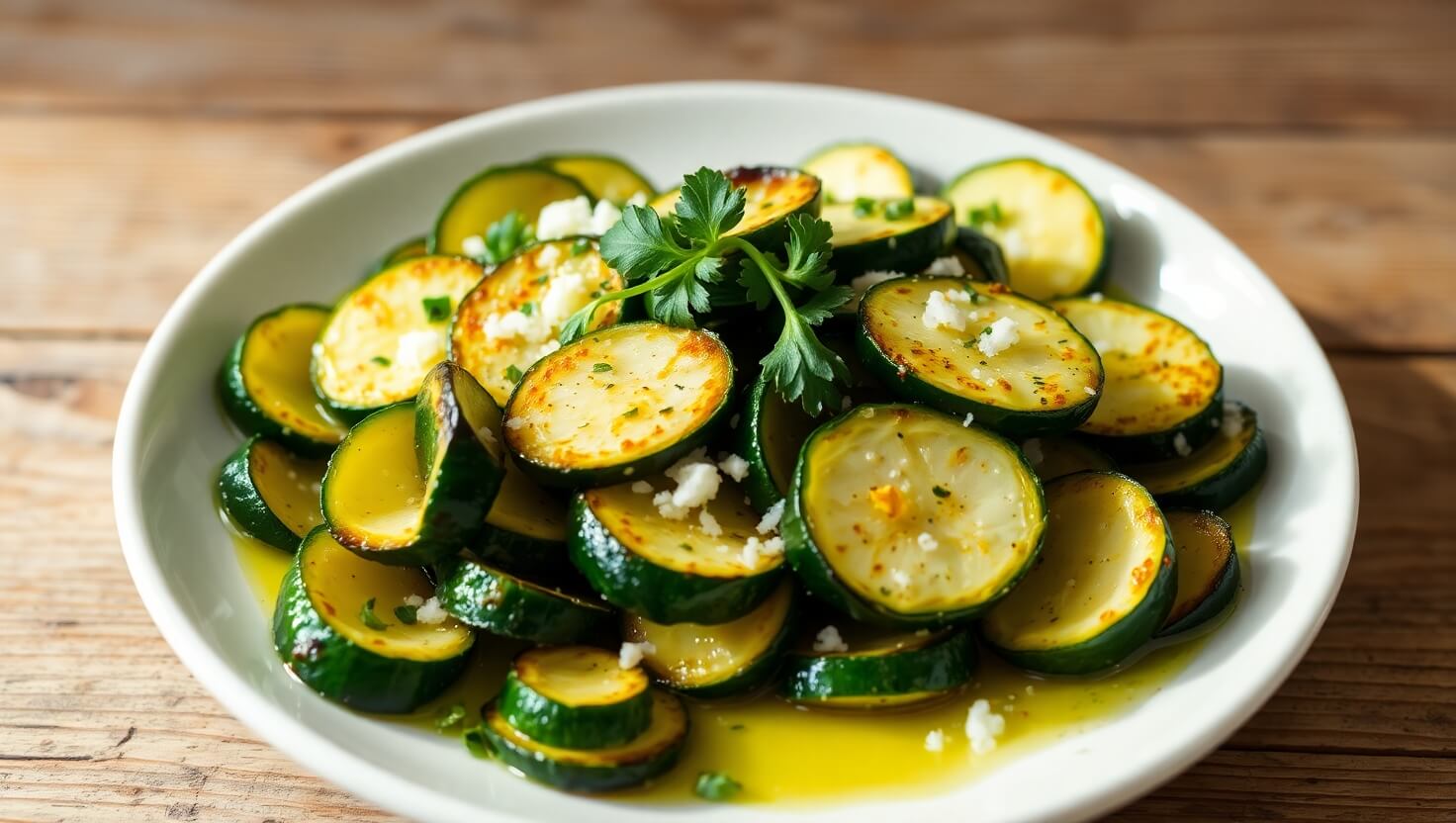 A plate of sautéed zucchini slices garnished with crumbled cheese and fresh parsley.