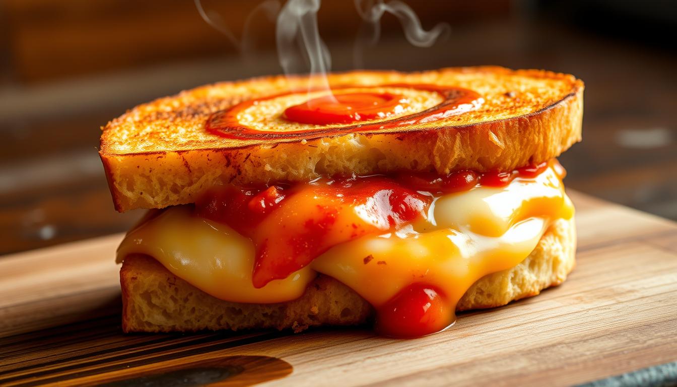 Gooey pizza grilled cheese sandwich with melted mozzarella, pepperoni, and marinara sauce, toasted to golden perfection in a skillet.